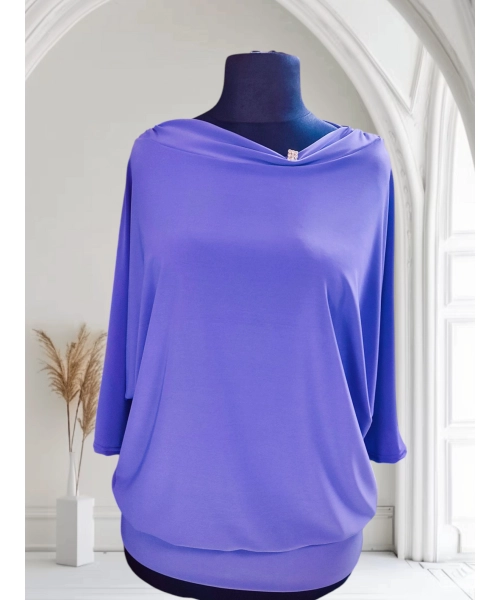 Fioletowa bluzka z rękawem 3/4 kimono - lejący drapowany dekolt